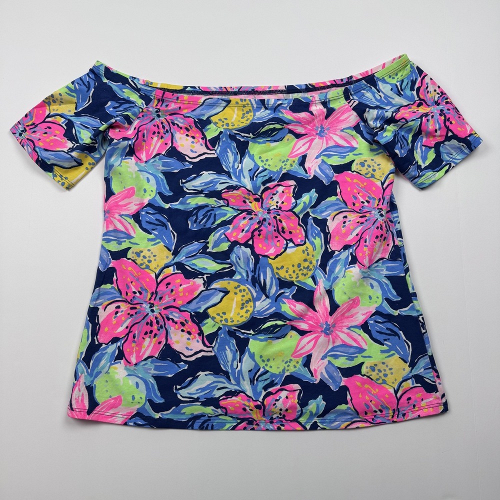 Lilly Pulitzer Shirt Womens Medium Blue Bright Floral Off Shoulder Stretch Top